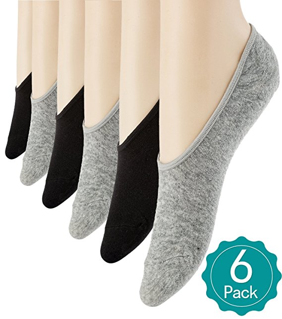 Mens No Show Socks 6 Pack Casual Non Slip Ultra Low Cut Loafer Socks Black/Grey