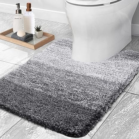 OLANLY Luxury Microfiber Toilet Mat U-Shaped, Extra Soft and Absorbent Bath Mat, Non-Slip Plush Shaggy Bathroom Rug, Machine Wash Dry, Contour Toilet Rugs for Toilet Base, 20x24, Grey