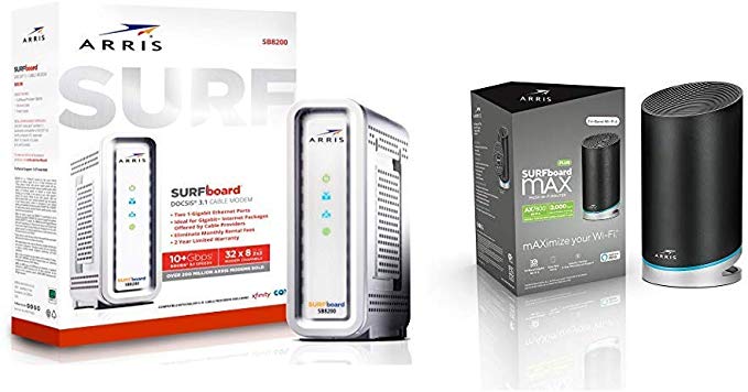 ARRIS Surfboard Gigabit Docsis 3.1 Cable Modem, 10 Gbps Max Speed and ARRIS Surfboard mAX Plus Mesh AX7800 Wi-Fi 6 AX Router (W30)