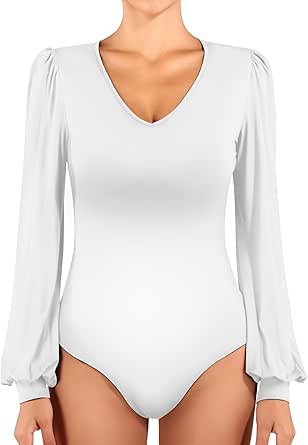 MANGOPOP Womens Bodysuit Long Sleeve V Neck Body Suit for Women Puff Sleeve Ribbed Bodysuits Shirts