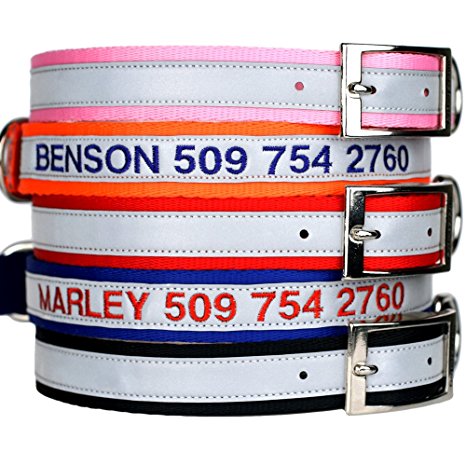 Embroidered Reflective Metal Buckle Dog Collar – Personalized Dog Collar with Pet Name and Phone Number. Safety Reflective Dog Collar.