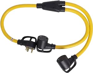 RV Y Adapter Cord 30 Amp Male Plug to Two 30 Amp RV Female Headers with Handle-NEMA TT-30P to 2 Outlet TT-30R Y Splitter （Yellow）