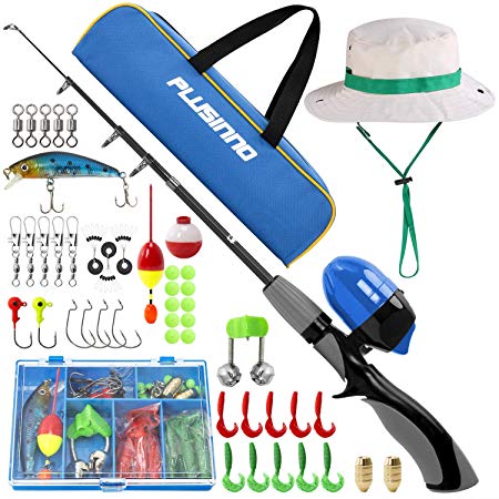 PLUSINNO Kids Fishing Pole,Portable Telescopic Fishing Rod and Reel Full Kits, Spincast Youth Fishing Pole Fishing Gear for Kids, Boys