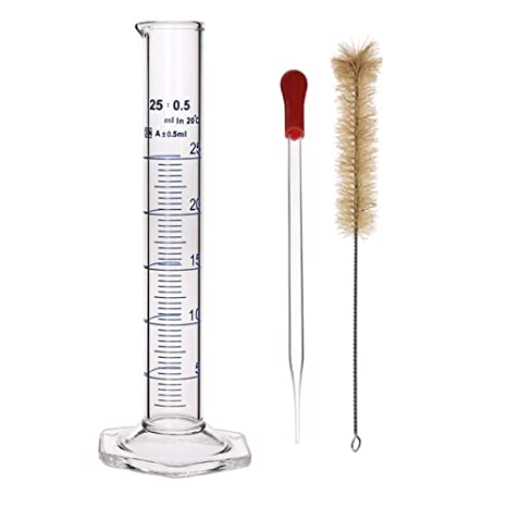 Thick Glass Graduated Cylinder Measuring Liquid Lab Hexagon Base Cylinders Come with Cylinder Brush (Glass, 25ML)