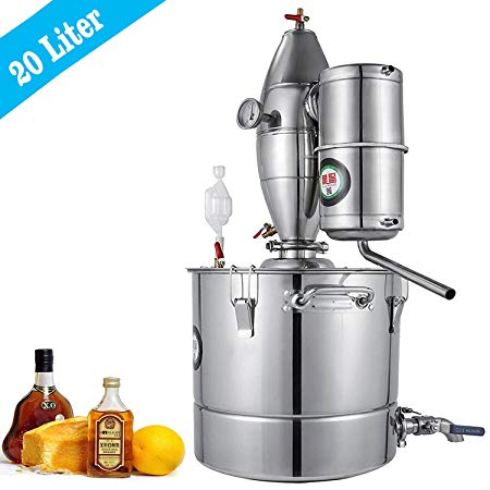 VEVOR 20L 5.28Gal Water Alcohol Distiller 304 Stainless Steel Alcohol Distiller Home Kit Moonshine Wine Making Boiler with Thermometer (20L Distiller)