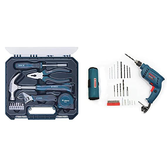 Bosch Hand Tool Kit (Blue, 12 Pieces) & GSB 450-Watt Impact Drill Set (Blue, 100-Pieces) Combo