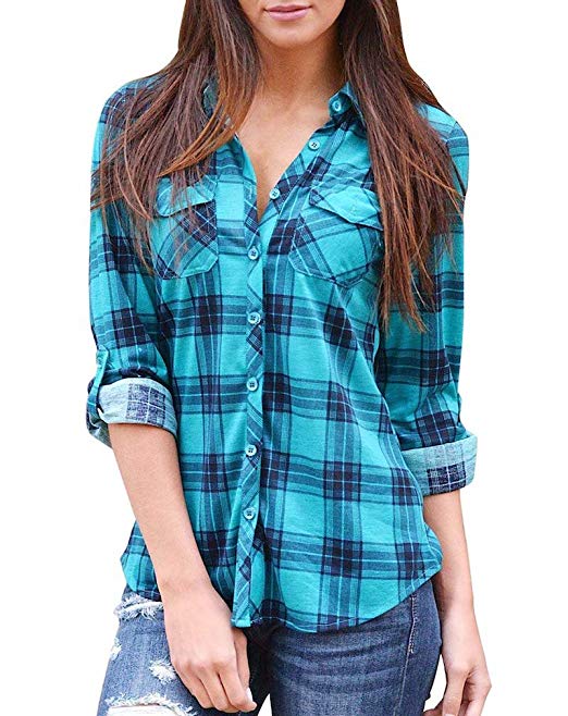 Grace Elbe Women’s Flannel Collared Long Sleeve Plaid Shirt