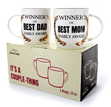 Janazala Best Mom and Dad Mugs, "Winners", Funny Coffee Mugs For Mom and Dad, Anniversary Gifts For Parents, Mr and Mrs Present, Parents Christmas Gift, Tea, Ceramic, Set of 2 Cups, 13 oz