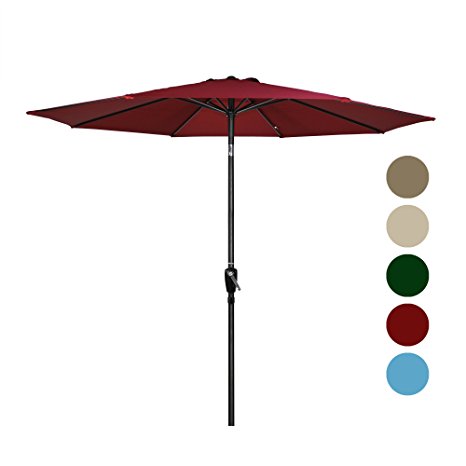 Tourke 9 Ft Patio Umbrella Outdoor Table Umbrella with Crank, 8Rids, Push Button Tilt (Wine)