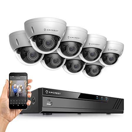 Amcrest 3MP Security Camera System w/ 4K 16CH (8-Port PoE) NVR, (8) x 3-Megapixel IP67 Weatherproof Metal Dome PoE IP Cameras, Pre-Installed 4TB Hard Drive, NV4116E-IP3M-956EW8-4TB (White)