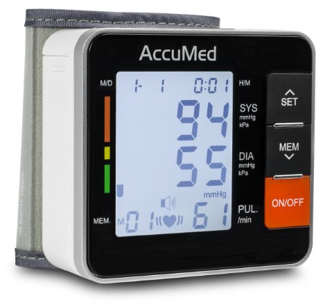AccuMed ABP801 Portable Wrist Blood Pressure Monitor with One-Touch Intelligent Automatic Measurement (Black) - 4-in-1 Functionality for Systolic / Diastolic BP, Heart Rate (BPM), Hypertension Guide (WHO Classification Indicator), & Arrhythmia Alerts - Includes Voiced Audio / Silent Mode, High-Contrast LCD Display, Built-in Storage Memory, Clamshell Carrying Case, USA Warranty, and More *FDA Approved with Clinically Proven, Professional Accuracy for Home Medical Use