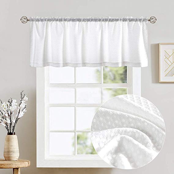 Lazzzy White Waffle Weave Textured Valance for Kitchen Water Repellent Bathroom Half Window Curtains 60"x 18" 1 Pane