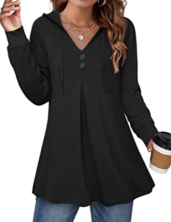 Lotusmile Women's Long Sleeve Hooded Tunic Tops Button Swing Pullover Hoodie Sweatshirts