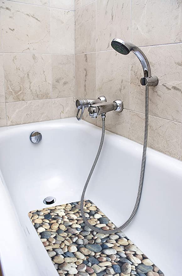 Splash Home Pebbles Fabric Printed PVC Bathtub Mats Non-Slip Mildew Resistant Extra Long Machine-Washable with 58 Strong Suction Cups, 16" x 27" Inch (Grey)
