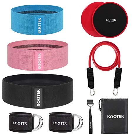 Kootek 10 Pieces Resistance Loop Bands Set – Workout Bands for Leg and Butt Training High Elasticity Exercise Band with Door Anchor 2 Core Sliders Legs Ankle Straps Guide Book for Home Fitness Gym