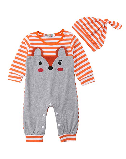 Cute Toddler Infant Baby Boys Girls Lovely Fox Design Lowrie Pattern Full Stripe Montage Romper Bodysuit Jumpsuit Hat