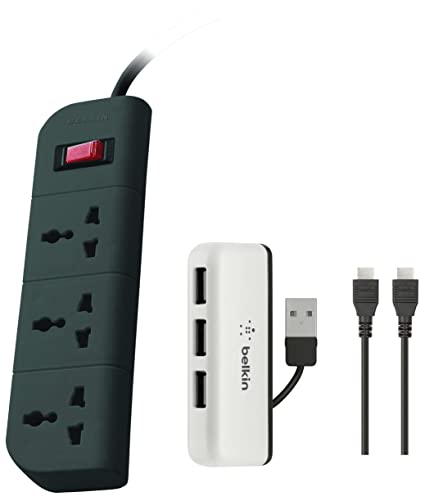 Belkin Essential Series 3-Socket Surge Protector Socket(Grey) & Belkin High Speed HDMI Cable Supports Ethernet(1 Meter, Black) & Belkin 4-Port USB to USB 2.0 Ultra-Mini Hub Adapter (White)