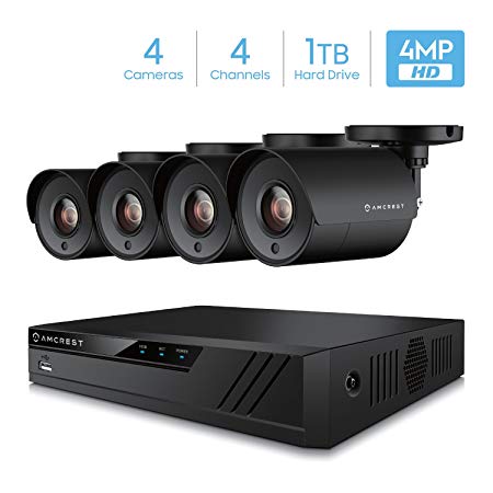 Amcrest UltraHD 4-Megapixel 4CH Video Security System with Four 4.0MP Outdoor IP67 Plastic Bullet Cameras, 98ft Night Vision, Pre-Installed 1TB Hard Drive, (AMDV40M4-4B-B)