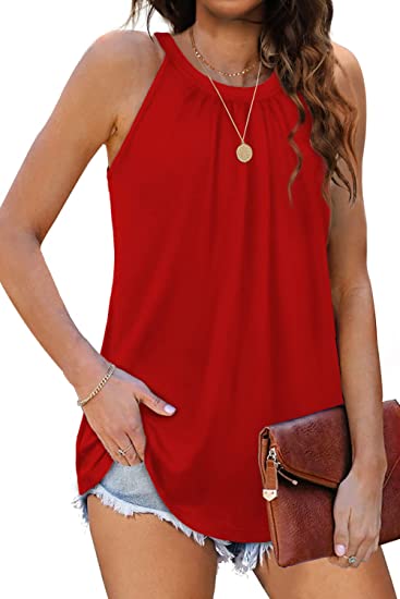 Sieanear Tank Top for Women Summer Halter Tops Pleated Sleeveless Cami Shirts