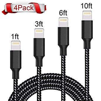 Lightning Cable,XUZOU iPhone Charger 4Pack 1FT 3FT 6FT 10FT to USB Syncing and Charging Cable Data Nylon Braided Cord Charger for iPhone 7/7 Plus/6/6 Plus/6s/6s Plus/5/5s/5c/SE and more (Black&White)