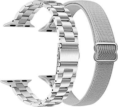 TRUMiRR Band Sets for Apple Watch Series 8 7 41mm / SE (2nd Gen) 40mm Silver Women, 2 Pack Slim Stainless Steel Watchband & Stretchy Nylon Strap for 8 7 6 5 4 3 2 1 41mm 40mm 38mm