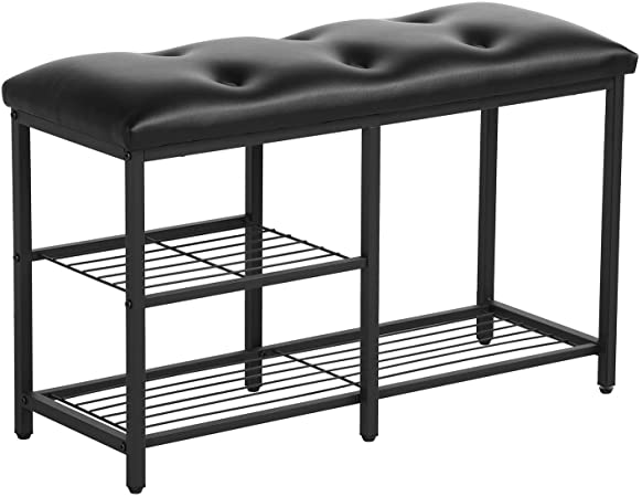 VECELO Shoes Rack Bench Entryway, Storage Stand with Cushioned Seat, 2 Shelves Organizer for Hallway, Black