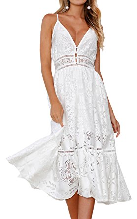 Angashion Women's Dresses-Summer Sexy Lace Deep V Neck Spaghetti Strap Swing Midi Dress