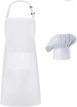 Hyzrz Chef Apron Set, Chef Hat and Kitchen Apron Adult Adjustable White Apron with Butcher Hat Baker Costume Kitchen Pocket Apron for Men and Women