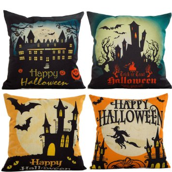 HOSL PW01 4-Pack Happy Halloween Cotton Linen Square Burlap Decorative Throw Pillow Case Cushion Cover Bat Pumpkin