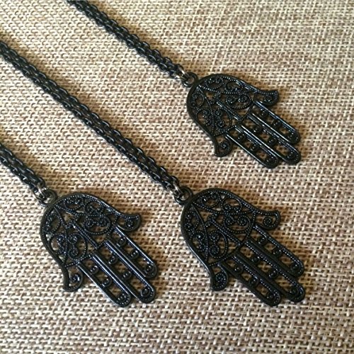 Black Hamsa Necklace on Matte Black Chain