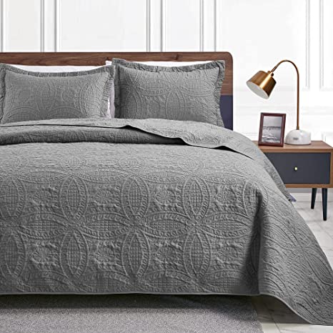 Love's cabin Quilts for Queen Bed Grey Bedspreads - Soft Bed Summer Quilt Lightweight Microfiber Bedspread- Modern Style Coin Pattern Coverlet for All Season - 3 Piece (1 Quilt, 2 Pillow Shams)