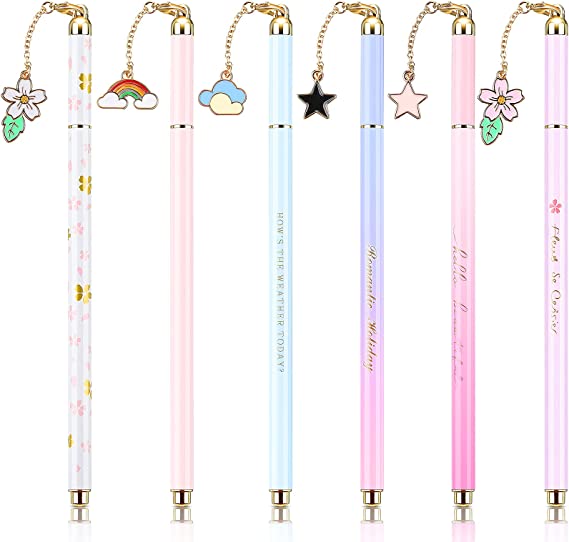 6 Pieces Metal Ballpoint Pens Cute Pendant Gel Ink Pen Fine Point Black Ink Pen for Journaling, Writing, Drawing Office Home School Stationery, Party Decoration Pen, 0.35 mm, 0.5 mm