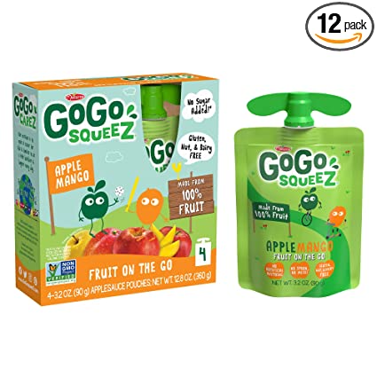 GoGo squeeZ Applesauce, Apple Mango, 3.2 Ounce (48 Pouches), Gluten Free, Vegan Friendly, Unsweetened Applesauce, Recloseable, BPA Free Pouches