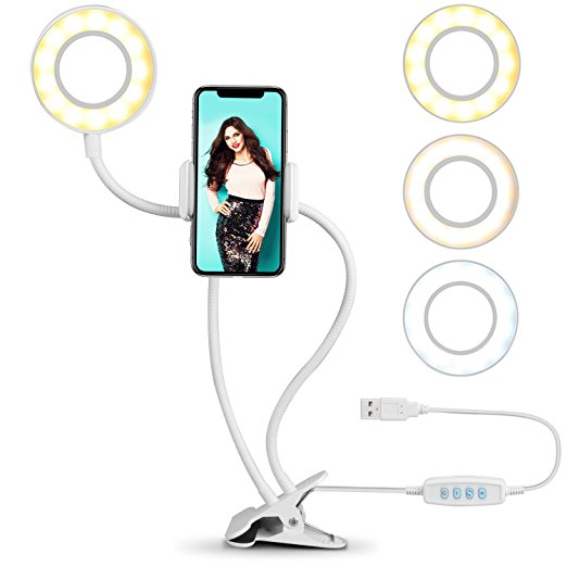 Ring Light for Phone, SIX-QU Cell Phone Holder with Selfie Ring Light for Live Stream, Makeup, Video Chat, 3-Light Mode and 10-Level Brightness with Flexible Phone Stand for iPhone, Android Phone