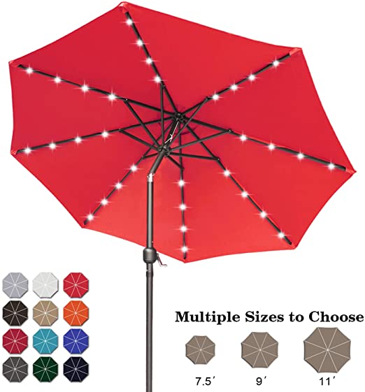 ABCCANOPY 11FT Patio Umbrella Ourdoor Solar Umbrella LED Umbrellas with 32LED Lights, Tilt and Crank Table Umbrellas for Garden, Deck, Backyard and Pool,12 Colors, (Red)