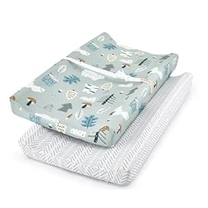 TILLYOU Changing Pad Cover Set in Soft Jersey Material - Fits 32"/34''x16 Contoured Pad for Babies, Jungle Walk and White Stripes