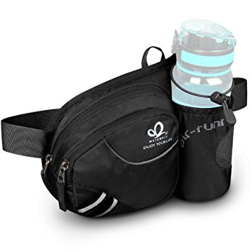 WATERFLY Hiking Waist Bag Can Hold iPhone6 Plus 5.5 inch Gear with Water Bottle Holder / Funny Running Belt Bum Bag for Ridding Dog Walking (Black)