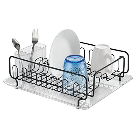 MetroDecor 13.5x17x5-Inch Kitchen Dish Drainer Rack with Tray - Black Matte/Clear