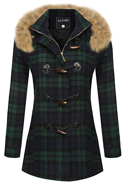 ACEVOG Women's Wool Coat Fur Trim Hooded Parka Jacket Coat Outwear