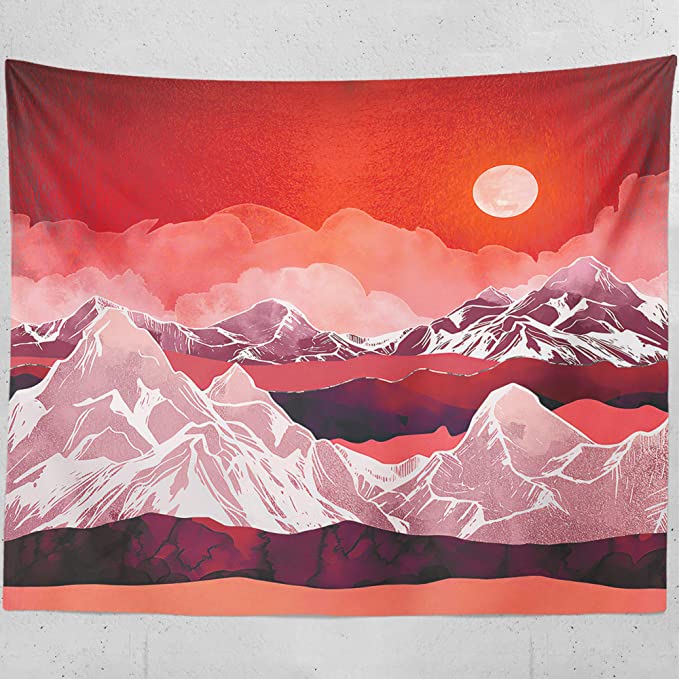 SOFTBATFY Mountain Sunrise Sunset Wall Hanging Tapestry, Forest Tree Living Room Office Tapestry, Nature Landscape Bedroom Dorm Headboard Tapestry Home Decor (Red Sunset, Large-58 * 79inches)