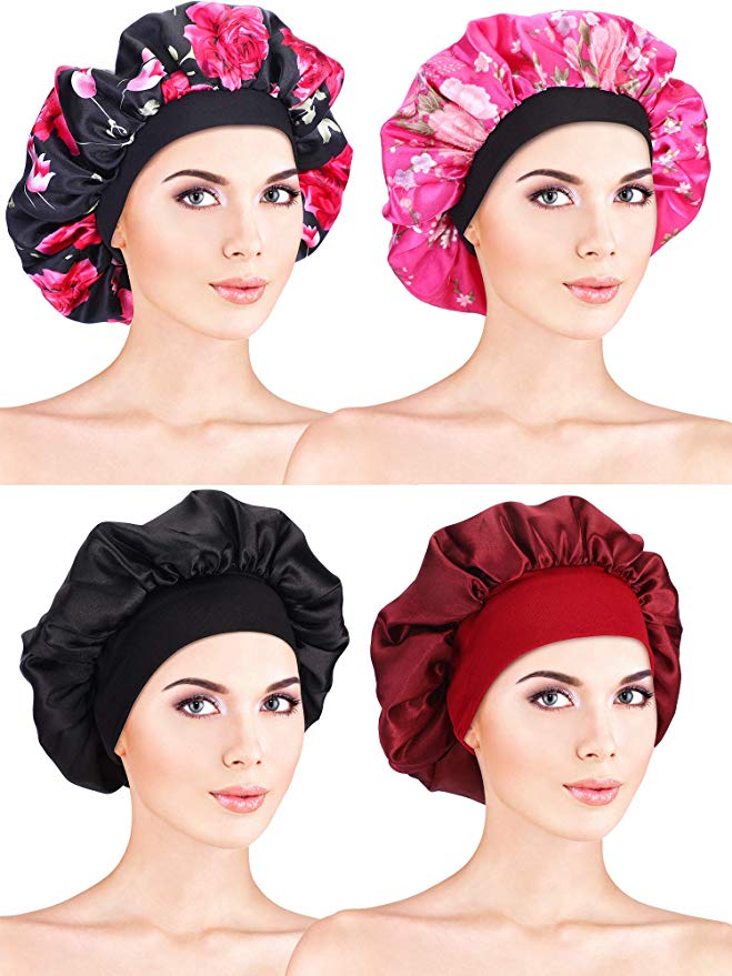 4 Pieces Satin Bonnet Sleeping Cap Soft Night Bonnet Head Cover for Women Girls