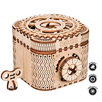 Robotime 3D Wooden Treasure Box Puzzle Unique Model Kits to Build Mechanical Engineering Kits Great Birthday for Adults and Children Age 14