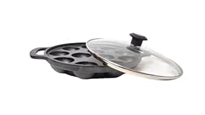 HMD Preseasoned Cast Iron Paniyaram Pan/Appe/Paddu Pan with Glass Lid 12pit, 10inch/25cm, 3Kg Paniyarakkal - Kuzhi Paniyaram Works with Gas, Induction Base