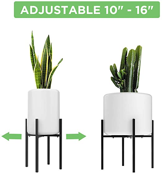 Adjustable Metal Plant Stand (10 to 16 inches), Mid Century Modern Plant Stand (16 inches in Height), Indoor & Outdoor Plant Stand, Fit 10 11 12 13 14 15 16 inch Pots (Pot & Plant Not Included), Black