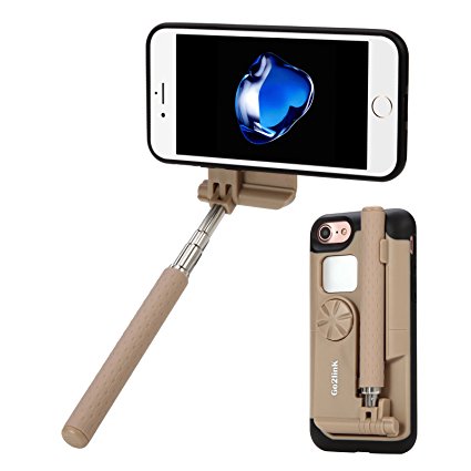 Selfie Stick Cell Phone Case, Go2linK 2 in 1 Bluetooth Highly-Extendable and Compact Handheld into Cell Phone Case with Rechargeable Remote Control and Positioning Mirror for iPhone 7/6/6s, Gold