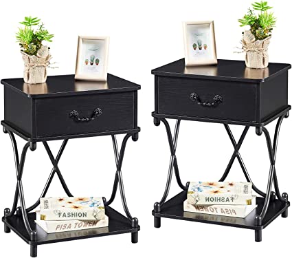 VECELO Nightstands Set of 2 with Drawer for Bedroom, Endtable Bedside Table with Storage & Open Shelf for Living Room, Black