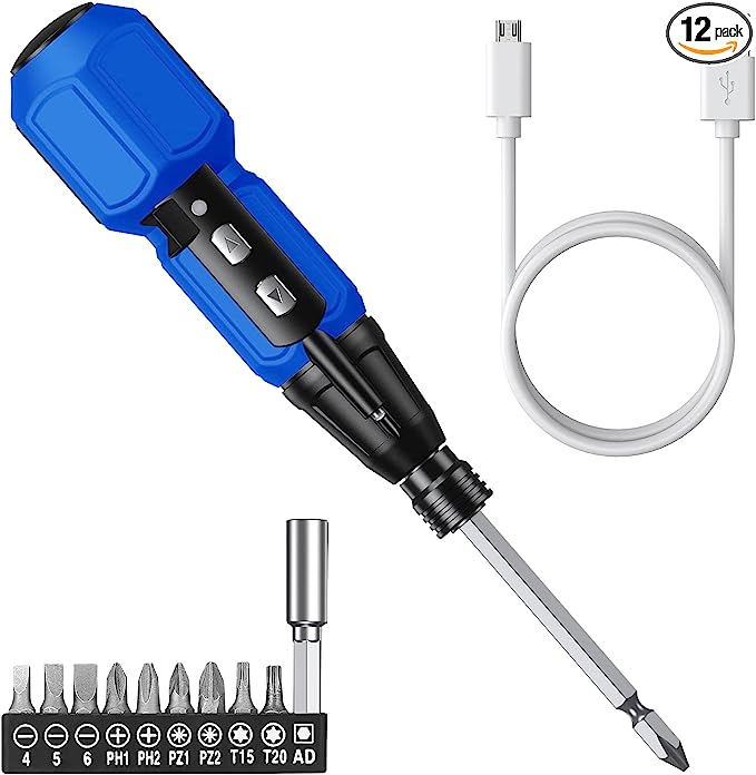 AMIR Power Screwdriver Cordless Rechargeable, Electric Screwdriver Sets, Portable Automatic Home Repair Tool Kit, Motorized Screwdriver with LED Lights and USB Cable, Blue