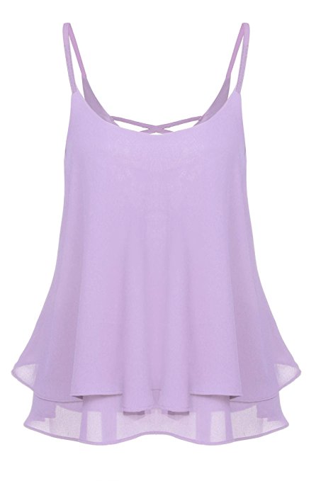 ACEVOG Women Sleeveless Strap Tank Top Chiffon Blouse Hollow Out Back Cami Vest