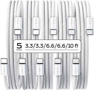 LISEN USB C to USB C Cable, 5-Pack [3.3/3.3/6.6/6.6/10FT] USB C Charger Cable 10 ft, 60W Fast Charging Cord Type C for iPad Mini 6/ Pro 2021/2020, iPad Air 4, MacBook Pro 2020, Samsung S23, Switch