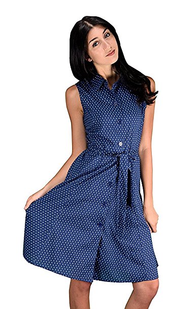 Peach Couture Women's Button Up Work Dress Shift Dress Fabric Belt 100% Cotton 100% Cotton